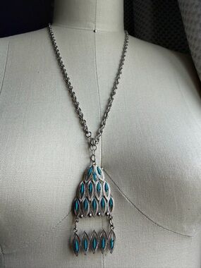 Vintage | Silver-tone Turquoise Color Pendant Dangle Bohemian 24 Inch Necklace
